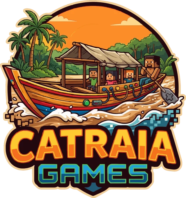 Logomarca da Catraia Games: uma catraia navegando num rio da Amazônia ao pôr do sol